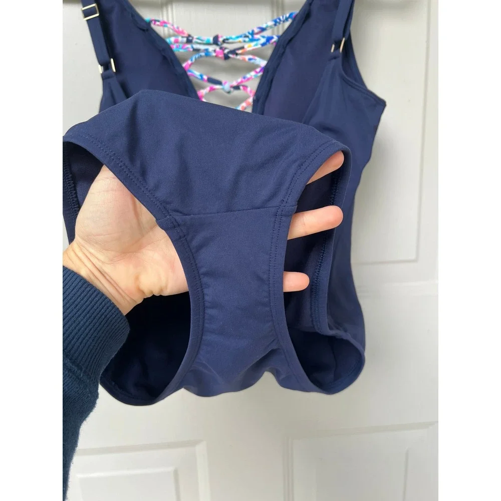 Lilly Pulitzer Isle Lattice One-Piece Swimsuit 6 Navy Blue Lace Up Cruise Sexy